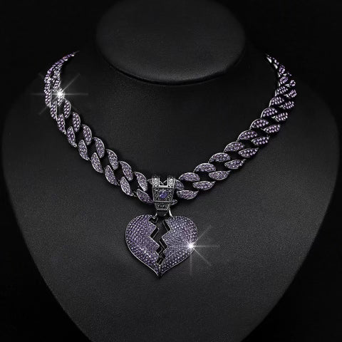 Iced Out Purple Broken Heart Pendant With Chain