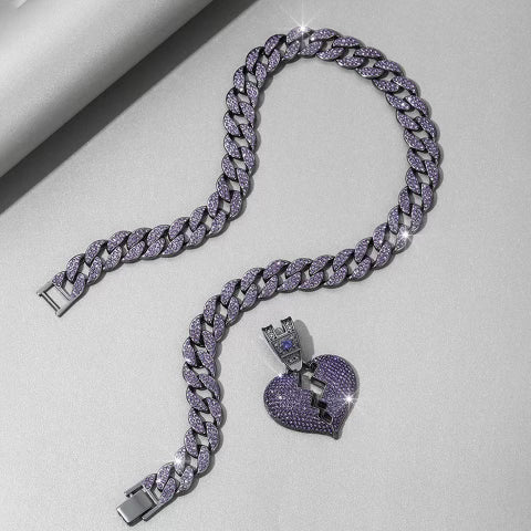 Iced Out Purple Broken Heart Pendant With Chain