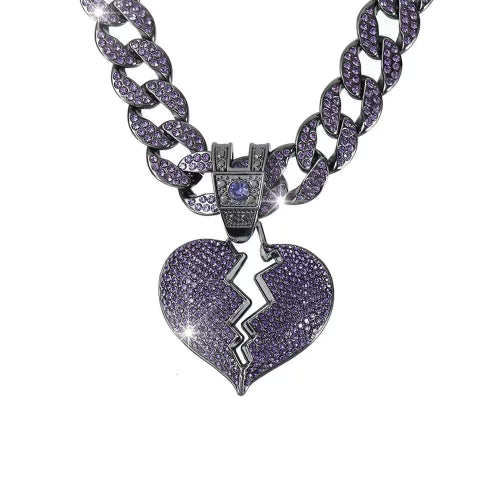 Iced Out Purple Broken Heart Pendant With Chain