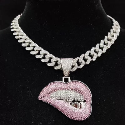 Iced Out Lips W/Grillz Pendant With Chain