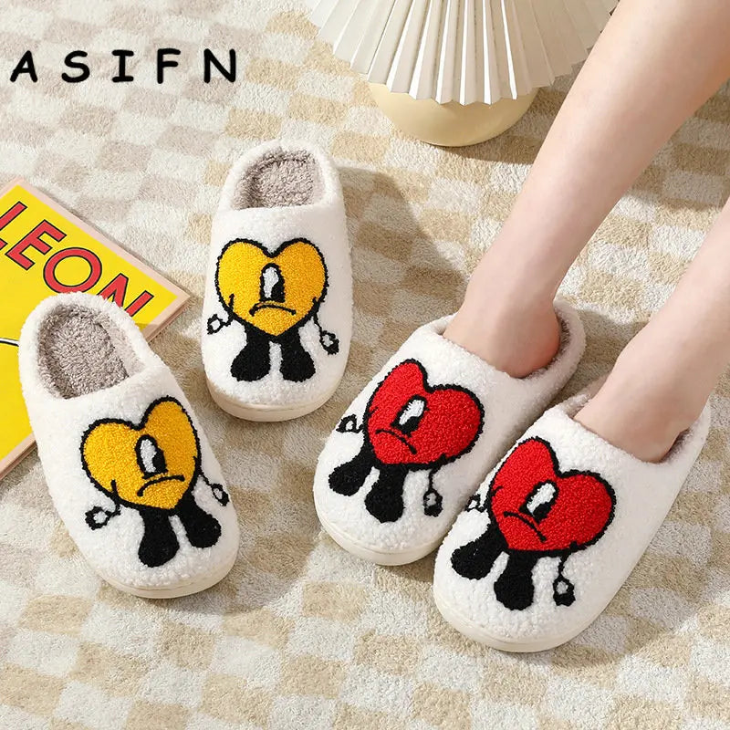 Winter Home Warm Women Slippers House Girl Fur Cute Bad Bunny Love Cushion Slides Bedroom Ladies Cotton Female Plush Shoes