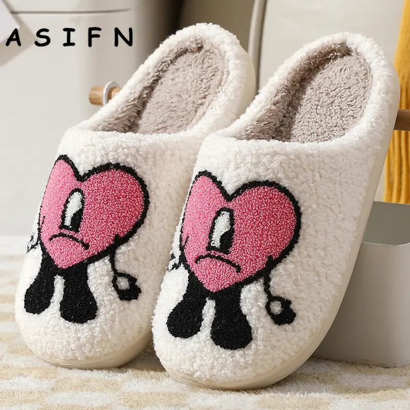 Winter Home Warm Women Slippers House Girl Fur Cute Bad Bunny Love Cushion Slides Bedroom Ladies Cotton Female Plush Shoes